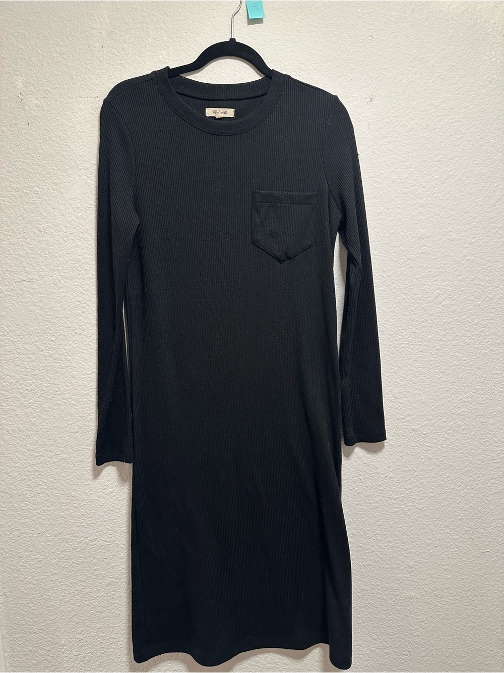 Madewell Long Sleeve Pocket Tee Dress M Black Ribbed Midi Stretch Crewneck